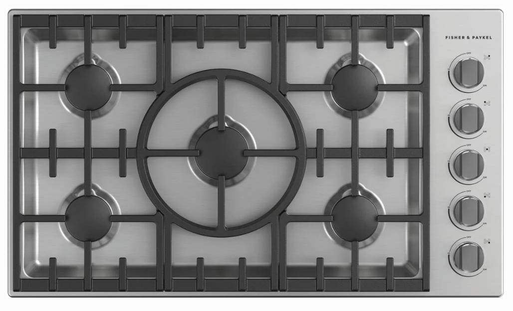 36 INCH Fisher & Paykel Series 9 Professional Series CDV3365HL Gas Cooktop LP 5 Sealed Dual Flow Burners, Self-Locating Continuous Grates, LED Halo Control Dials, ADA Liquid Propane , New Open Box