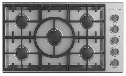 36 INCH Fisher & Paykel Series 9 Professional Series  CDV3365HL Gas Cooktop LP 5 Sealed Dual Flow Burners, Self-Locating Continuous Grates,  LED Halo Control Dials, ADA  Liquid Propane , New Open Box