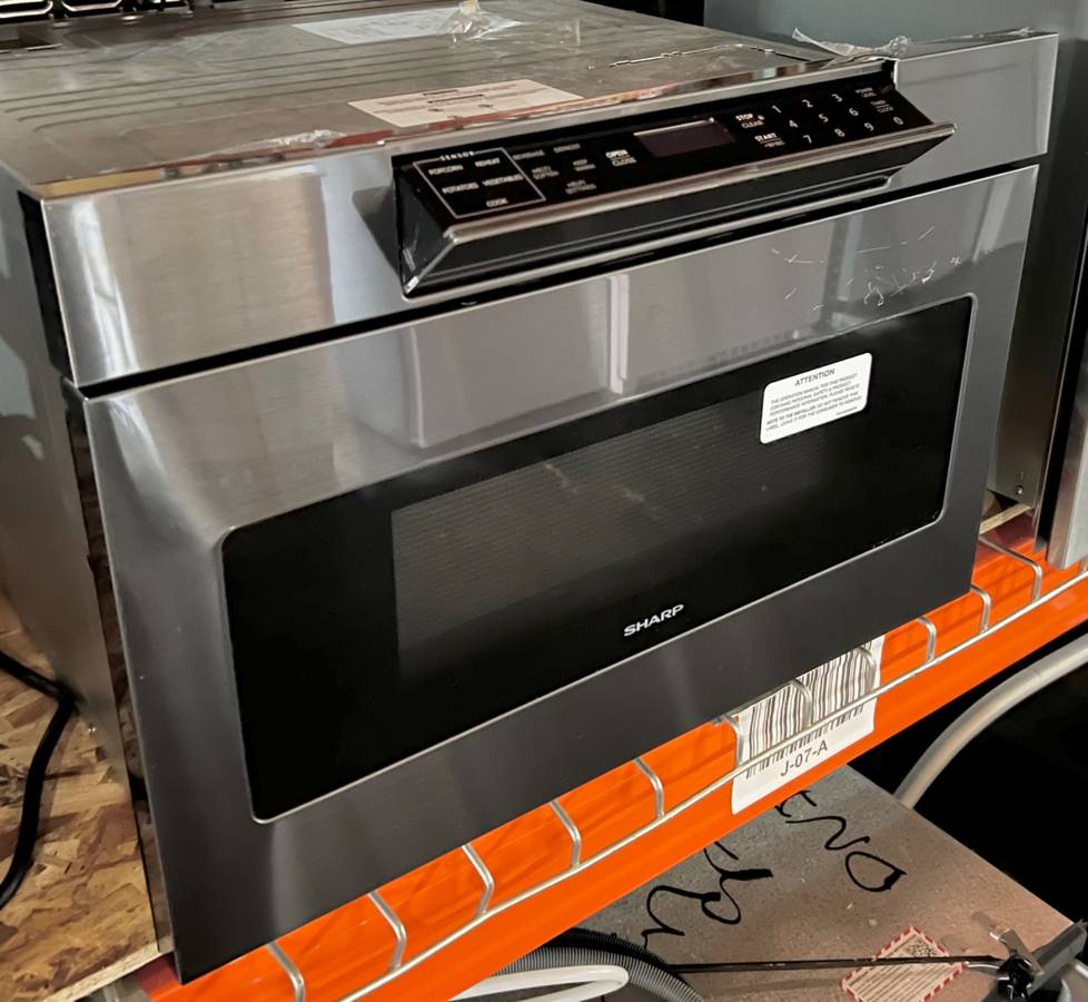 24 Inch Microwave Drawer SMD2470AH Sharp Black Stainless Steel * New Open Box Easy Touch, Hidden Control Panel,  Sensor Cook, Design Flexibility, Timer, 1,000 Watts,  1.2 cu. ft. Capacity, Reheat Keep Warm