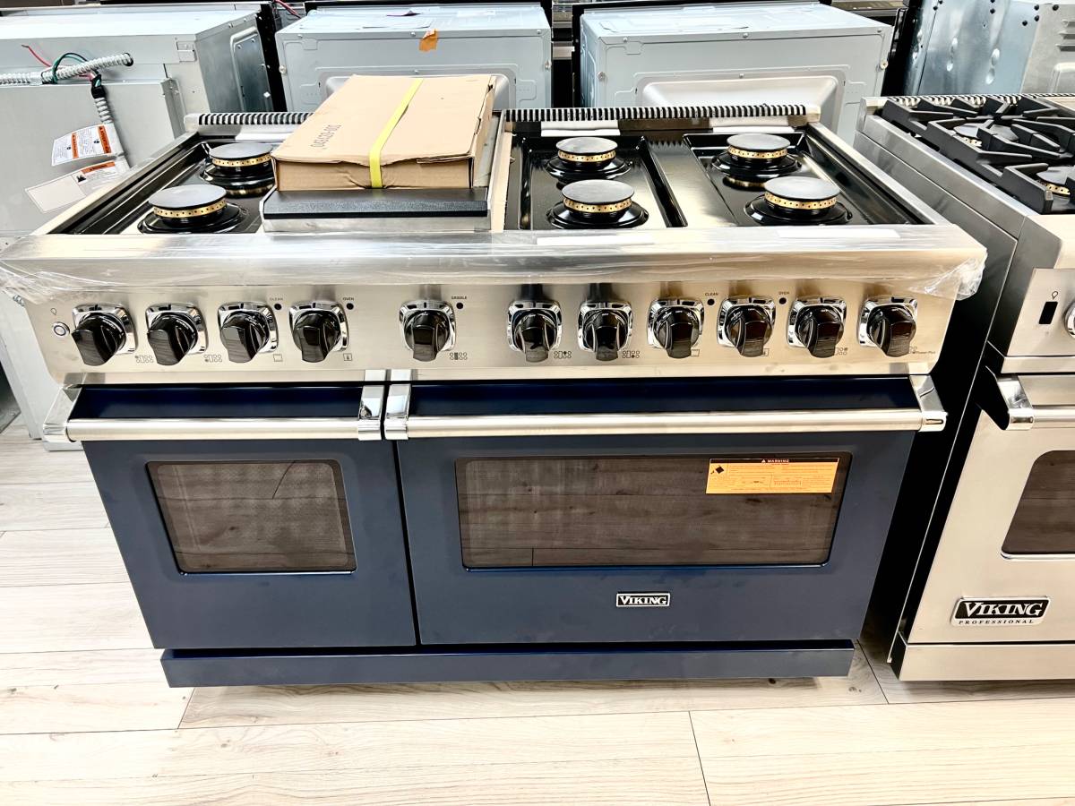 48 INCH Viking 5 Series VDR5486GSB Freestanding Professional Dual Fuel Range 6 Sealed Burners, Double Oven, 7.3 Cu. Ft. Total Capacity, Self-Clean, Vari Simmer Sure Spark Ignition, Griddle Slate Blue, Natural Gas , New Open Box