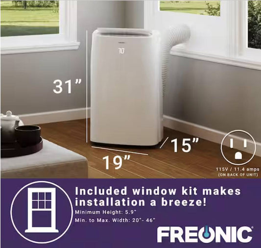 FREONIC 10,800 BTU Portable Air Conditioner 450 Sq. Ft. Dehumidifier* New Open Box * 3 in 1 LCD Window Kit Included , Auto-Restart , 24 Hr Timer ,11.4 AMP , 52 dBA , 6 FT Cord , 3 Speed