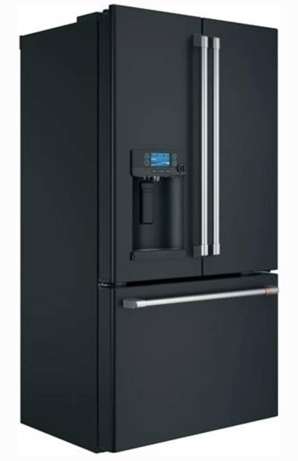 36 Inch GE Cafe CYE22TP3MJD1 Counter Depth French Door Refrigerator * New Open Box * Smart Refrigerator  22.2 Cu. Ft., Precise Fill, TwinChill Evaporators, Wi-Fi, Hot Water Dispenser, ADA  ENERGY STAR,Matte Black  Brushed Stainless Handles