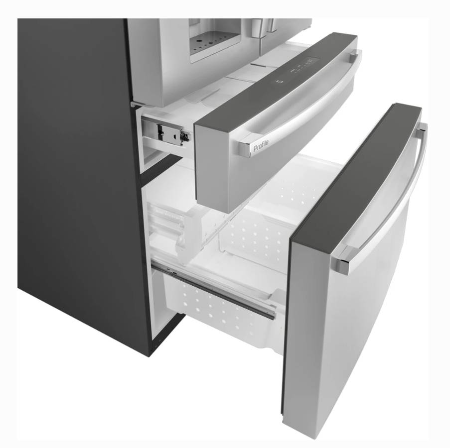 36 INCH GE PROFILE PVD28BYNGFS 4 Door French Door Smart Refrigerator , 27.9 CU Ft , Door in Door , Adjustable Temperature Drawer , LED Light Wall , Wi-Fi , Water and Ice Dispenser , Energy Star * New Open Box * , Stainless Steel .