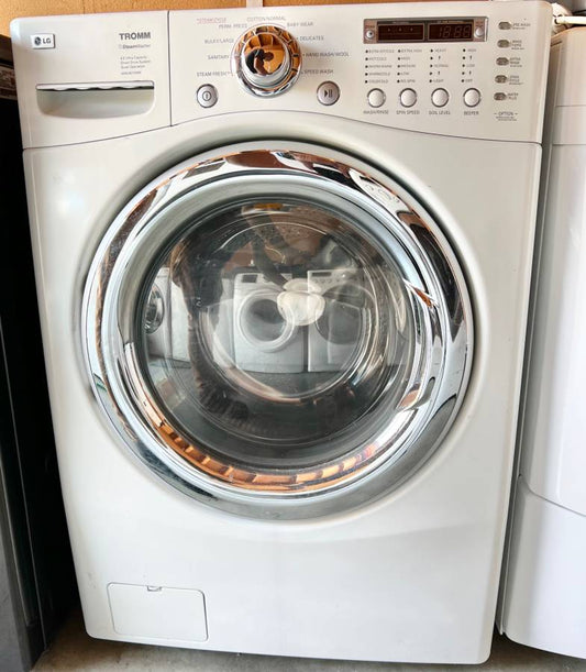 27 INCH LG WM2487HWM TROMM Front Load Washer 4.0 cu. ft. White , Used Condition , 1200 RPM . Direct Drive , Ultra Capacity , Never Rust Stainless Drum , HE , Roller Jets , 9 Washing Programs, 5 Temp Level,Remote Monitor,Stackable,LED,Chrome Rimmer Door