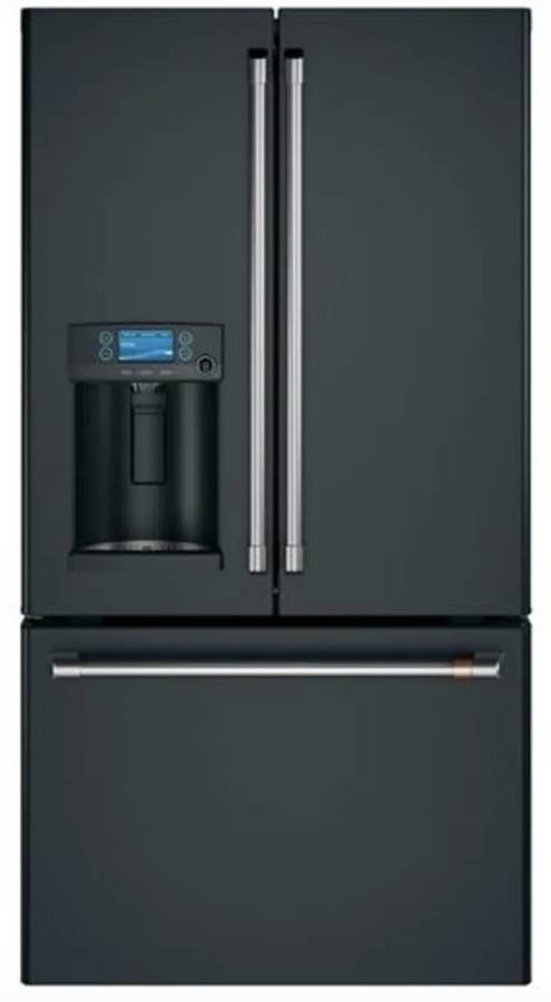 36 Inch GE Cafe CYE22TP3MJD1 Counter Depth French Door Refrigerator * New Open Box * Smart Refrigerator  22.2 Cu. Ft., Precise Fill, TwinChill Evaporators, Wi-Fi, Hot Water Dispenser, ADA  ENERGY STAR,Matte Black  Brushed Stainless Handles