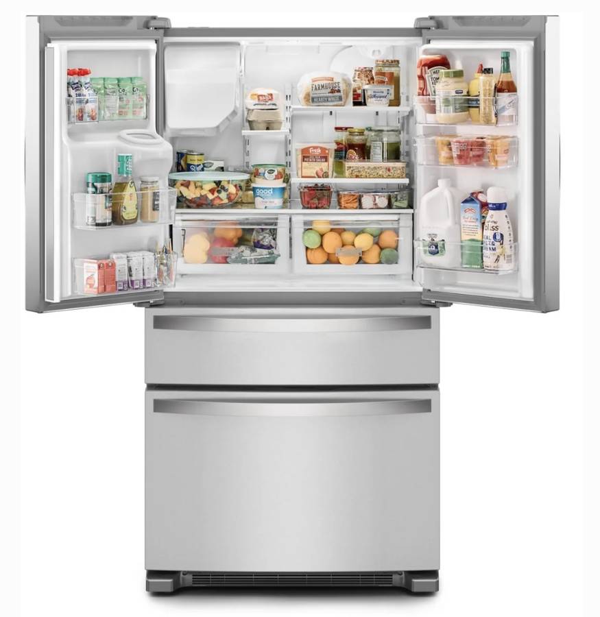 36 INCH Whirlpool WRMF3636RZ 4-Door French Door Refrigerator * NEW Open Box * 27.8 CU Ft , Gallon Door Bins, Crispers , Dual Ice Maker PurePour Water Filter , PureAir Ultra II Air Filter , Energy Star Certified , Stainless Steel .