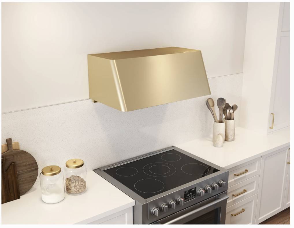 36 INCH Zephyr Designer Mesa DMEM90ASGX Wall Mount Range Hood GOLD with Invisible Touch Controls , Try-Level LED , Baffle Filters, Multiple Blower Options. , Clean Air Funciton , Delay-Off , UL Listed, New Open Box