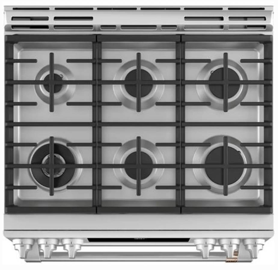 30 INCH GE Cafe C2S950P2M4S1 Slide-In Dual Fuel Range 6 Burners New Open Box , 7.0 CU FT Double Oven Self Clean Double Oven , Sealed , Probe , Steam Clean , LED Control Panel, Chef Connect , 21K Triple Ring Stainless Steel ADA Compliant