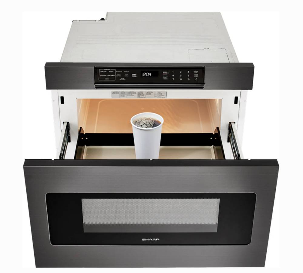 24 Inch Microwave Drawer SMD2470AH Sharp Black Stainless Steel * New Open Box Easy Touch, Hidden Control Panel,  Sensor Cook, Design Flexibility, Timer, 1,000 Watts,  1.2 cu. ft. Capacity, Reheat Keep Warm