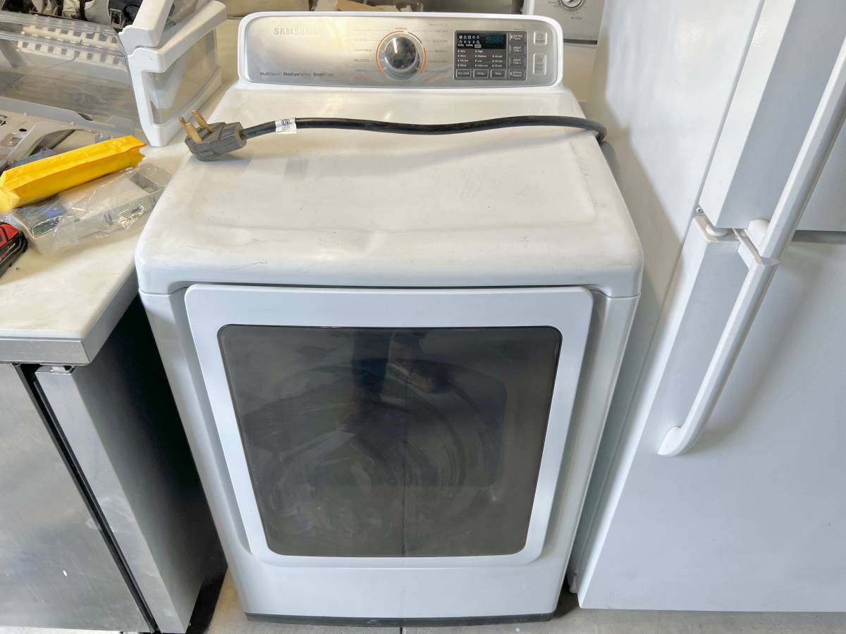 27 INCH Samsung DVE50M7450W Electric Dryer ,Multi-Steam, Wrinkle Prevent Option, Sensor Dry, 11 Dry Cycles, Smart Care, 4-Way Venting, Eco Dry, Reversible Door 7.4 cu. ft. , White