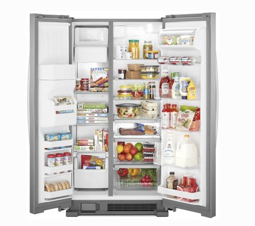 36 Inch Whirlpool Side by Side Refrigerator New Open Box *Refrigerator 24.55 Cu. Ft. , Can Caddy, Frameless Glass Shelves, External Ice and Water Dispenser, EveryDrop Water Filtration, ADA Fingerprint Resistant Stainless Steel