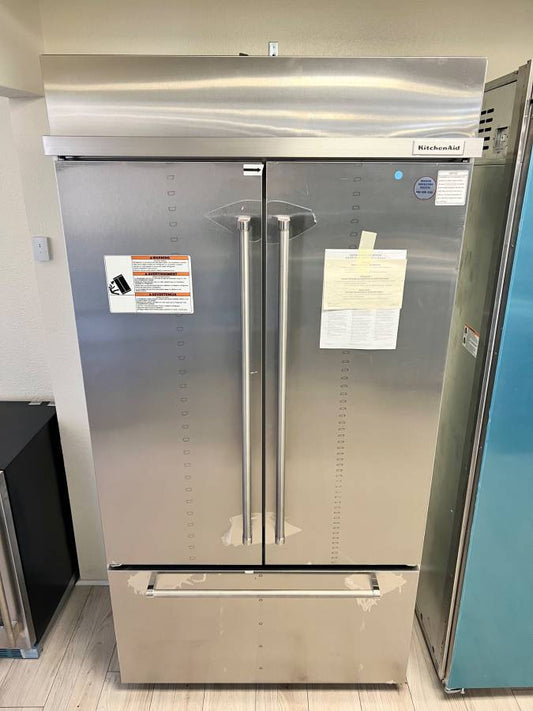 42 INCH KitchenAid KBFN502ESS Built-In French Door Refrigerator * NEW OPEN BOX * 24.2 cu. ft. Capacity, 4 Glass Shelves, Preserva Food Care System, Automatic Ice Maker, Platinum Interior, LED, Door Open Alarm, Sabbath Mode, ENERGY STAR Stainless Steel