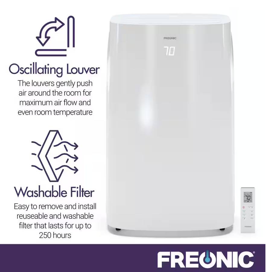 FREONIC 10,800 BTU Portable Air Conditioner 450 Sq. Ft. Dehumidifier* New Open Box * 3 in 1 LCD Window Kit Included , Auto-Restart , 24 Hr Timer ,11.4 AMP , 52 dBA , 6 FT Cord , 3 Speed