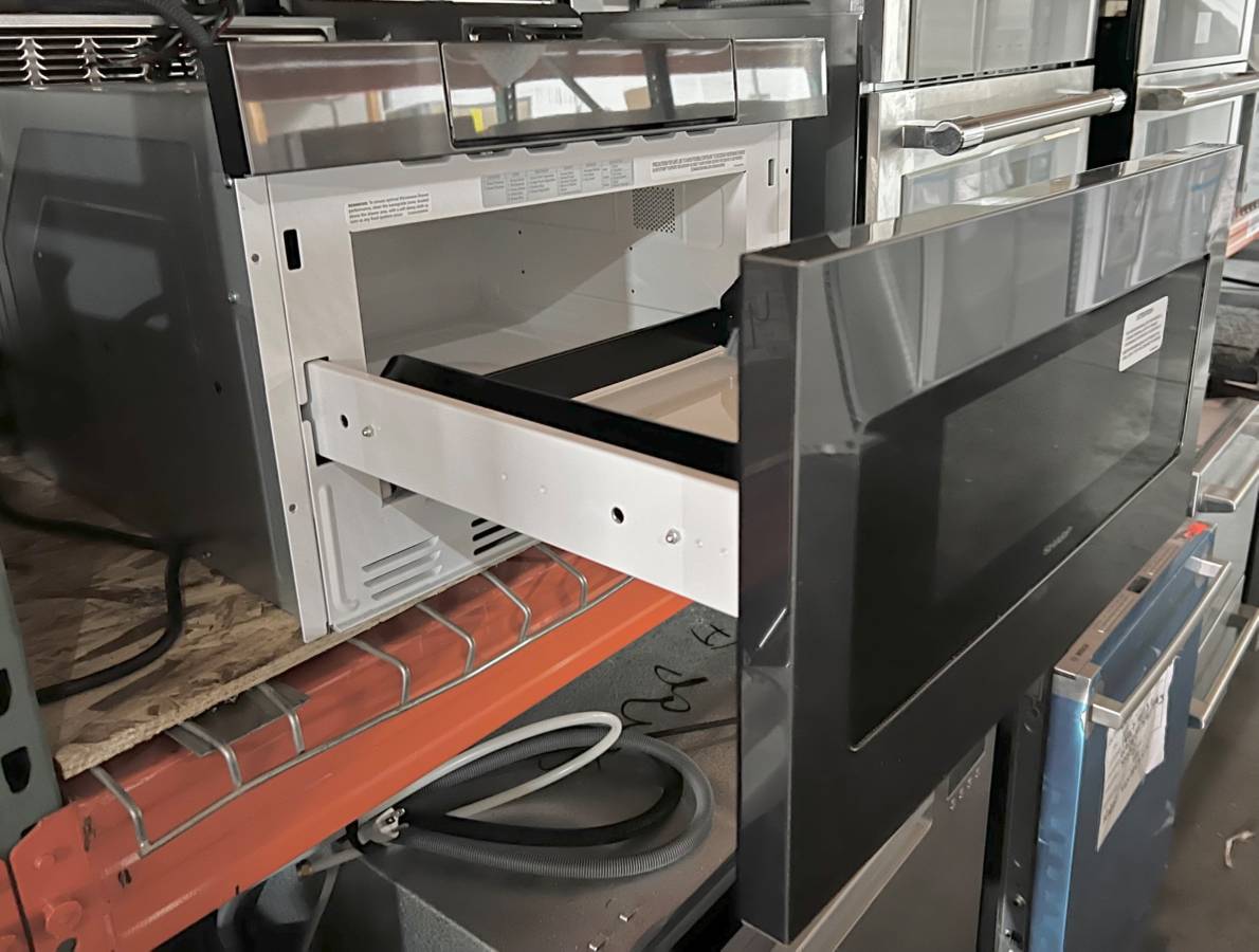 24 Inch Microwave Drawer SMD2470AH Sharp Black Stainless Steel * New Open Box Easy Touch, Hidden Control Panel,  Sensor Cook, Design Flexibility, Timer, 1,000 Watts,  1.2 cu. ft. Capacity, Reheat Keep Warm