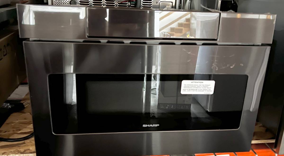24 Inch Microwave Drawer SMD2470AH Sharp Black Stainless Steel * New Open Box Easy Touch, Hidden Control Panel,  Sensor Cook, Design Flexibility, Timer, 1,000 Watts,  1.2 cu. ft. Capacity, Reheat Keep Warm