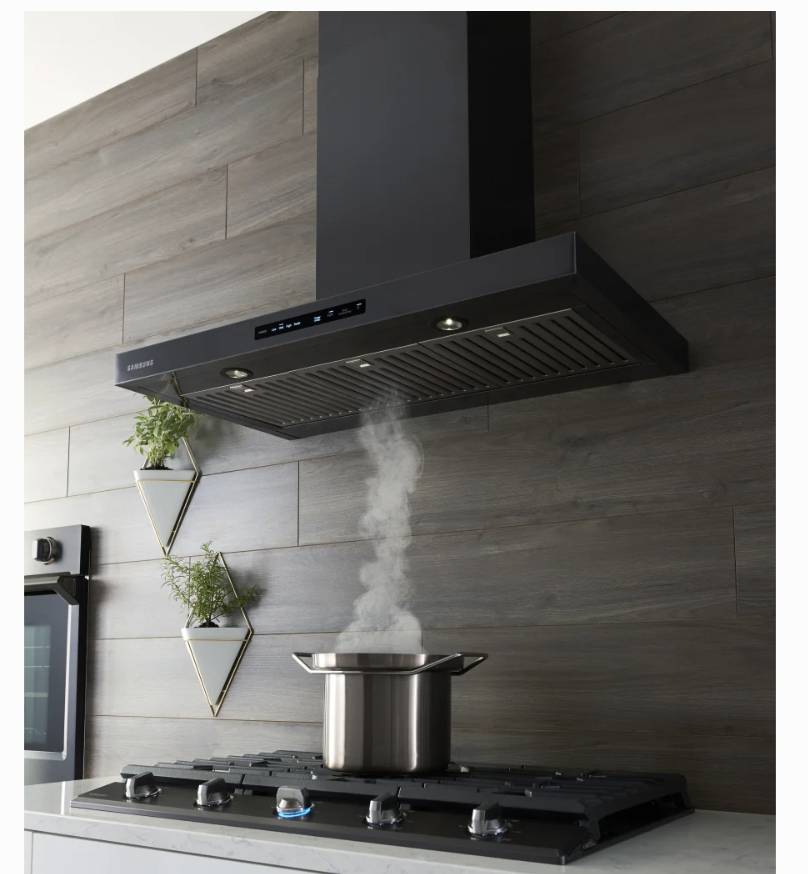 36 INCH Samsung NK36K7000WG 600 CFM Wall Mount Chimney Range Hood New * Open Box * Wi-Fi , 650 CFM Blower , Dishwasher Safe Filters, LED Lights , Black Stainless Steel , ADA Compliance , 3 Speeds.