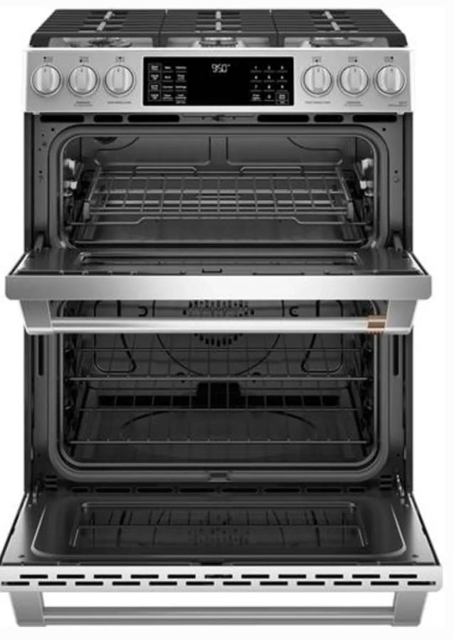 30 INCH GE Cafe C2S950P2M4S1 Slide-In Dual Fuel Range 6 Burners New Open Box , 7.0 CU FT Double Oven Self Clean Double Oven , Sealed , Probe , Steam Clean , LED Control Panel, Chef Connect , 21K Triple Ring Stainless Steel ADA Compliant