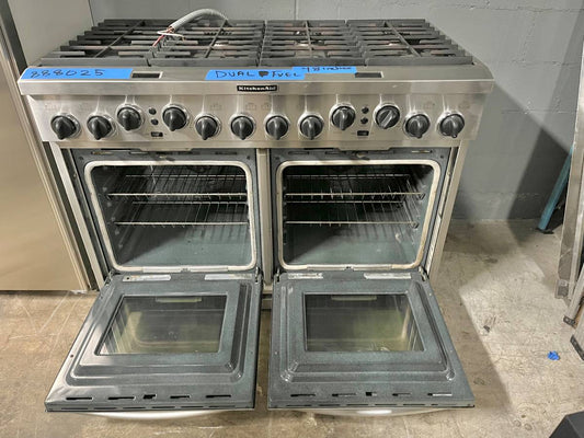 48 INCH Kitchenaid Dual Fuel Gas Range KDRP487MSS Convection Oven , Used Condition , Stainless Steel , Sealed Burners , Black top , Continuous Iron Grates , Fan