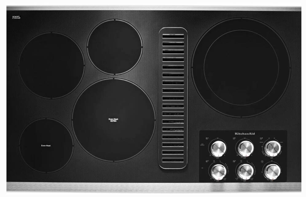 36 INCH KitchenAid KCED606GSS Electric Downdraft Cooktop NEW Open Box 5 Elements , Ceramic Glass Downdraft Ventilation , Even Heat Ultra Element , 300 CFM , 3 Speed Fan , Double Ring , Hot Surface Indicator , UL, Stainless Steel , Black .