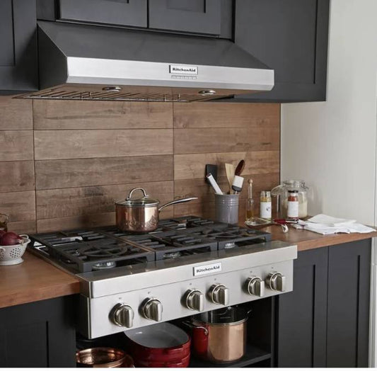 36 INCH KitchenAid KVUC606KSS Under Cabinet Range Hood 585 CFM  BLOWER INCLUDED Commercial Style   4 Speed Fan ,Automatic Turn On, LED ,  90,000 BTU Rating  Baffle Filters  , Night Light  * New Open Box *