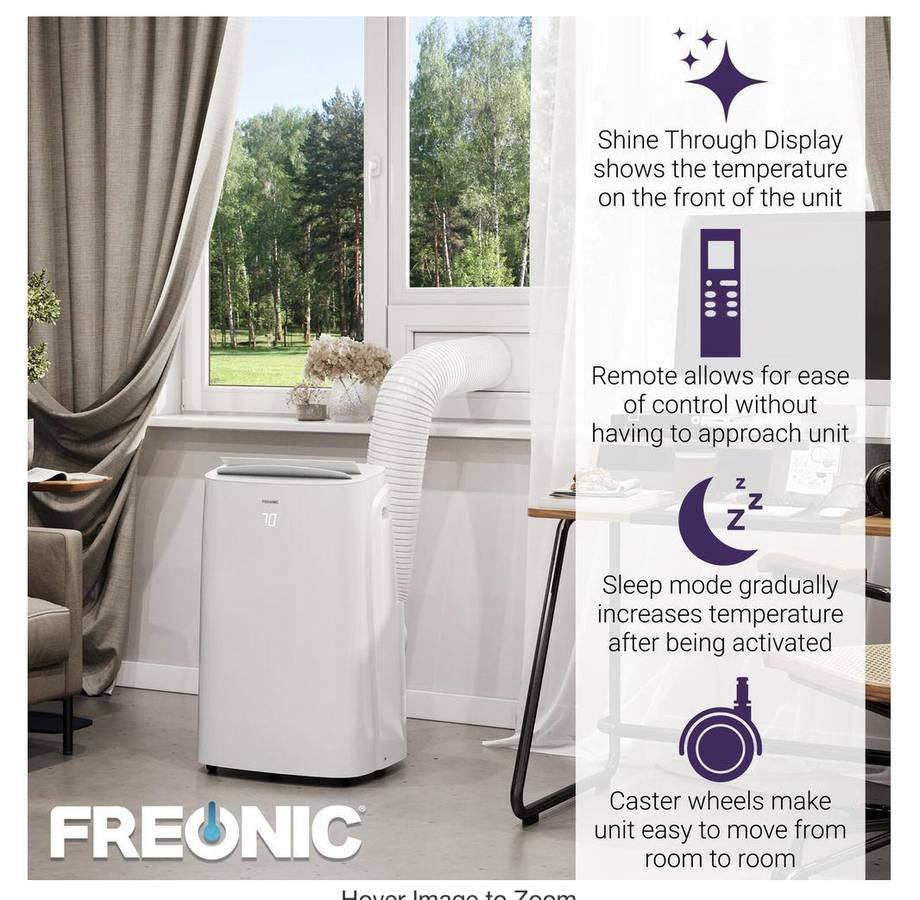 FREONIC 10,800 BTU Portable Air Conditioner 450 Sq. Ft. Dehumidifier* New Open Box * 3 in 1 LCD Window Kit Included , Auto-Restart , 24 Hr Timer ,11.4 AMP , 52 dBA , 6 FT Cord , 3 Speed