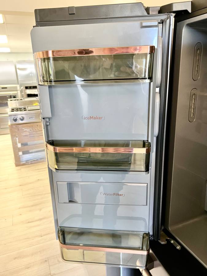 36 INCH GE Cafe CXE22DP3PD1  * New Open Box *. Counter Depth 4-Door French Door Smart Refrigerator  22.3 Cu. Ft. Hands-Free Autofill, Humidity Control System,  Convertible Drawer, BRASS Handles Wi-Fi, ENERGY STAR Matte Black .