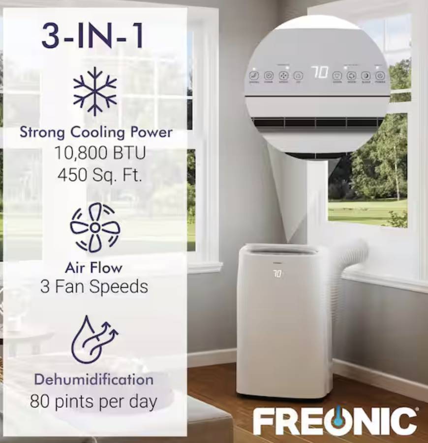 FREONIC 10,800 BTU Portable Air Conditioner 450 Sq. Ft. Dehumidifier* New Open Box * 3 in 1 LCD Window Kit Included , Auto-Restart , 24 Hr Timer ,11.4 AMP , 52 dBA , 6 FT Cord , 3 Speed