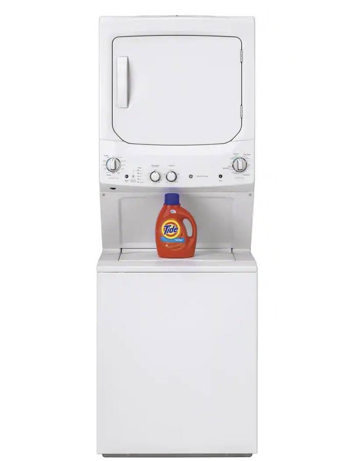 27 INCH GE Stackable GUD27ESSMWW Electric Laundry Center White * New Open Box Auto-load Sensing, Cycle Status Lights, Rotary Controls, 11 Wash Cycles, 6 Wash Rinse Temperatures , 800 RPM , White .