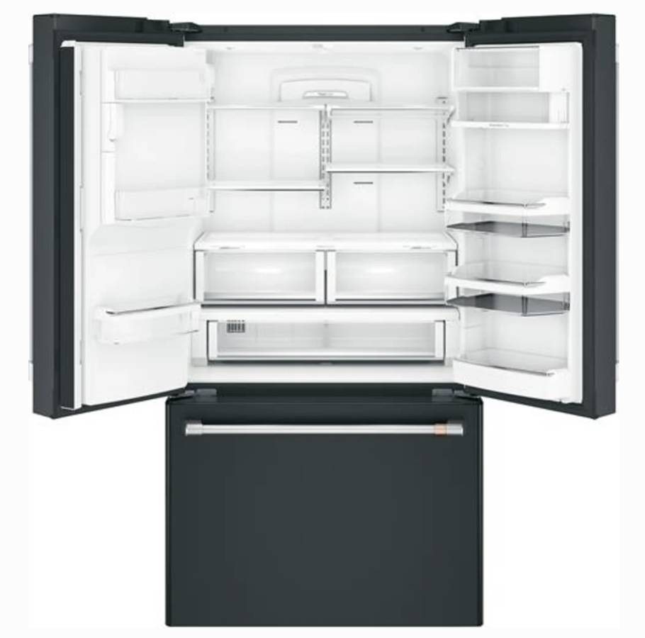 36 Inch GE Cafe CYE22TP3MJD1 Counter Depth French Door Refrigerator * New Open Box * Smart Refrigerator  22.2 Cu. Ft., Precise Fill, TwinChill Evaporators, Wi-Fi, Hot Water Dispenser, ADA  ENERGY STAR,Matte Black  Brushed Stainless Handles