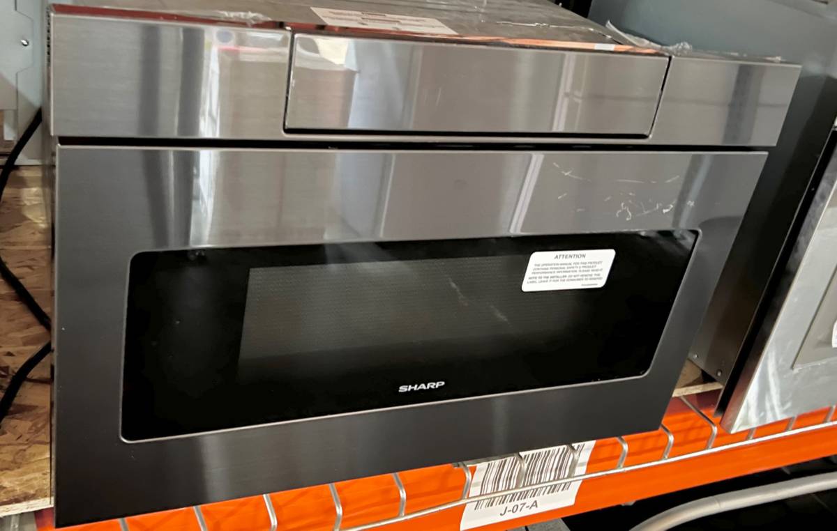 24 Inch Microwave Drawer SMD2470AH Sharp Black Stainless Steel * New Open Box Easy Touch, Hidden Control Panel,  Sensor Cook, Design Flexibility, Timer, 1,000 Watts,  1.2 cu. ft. Capacity, Reheat Keep Warm