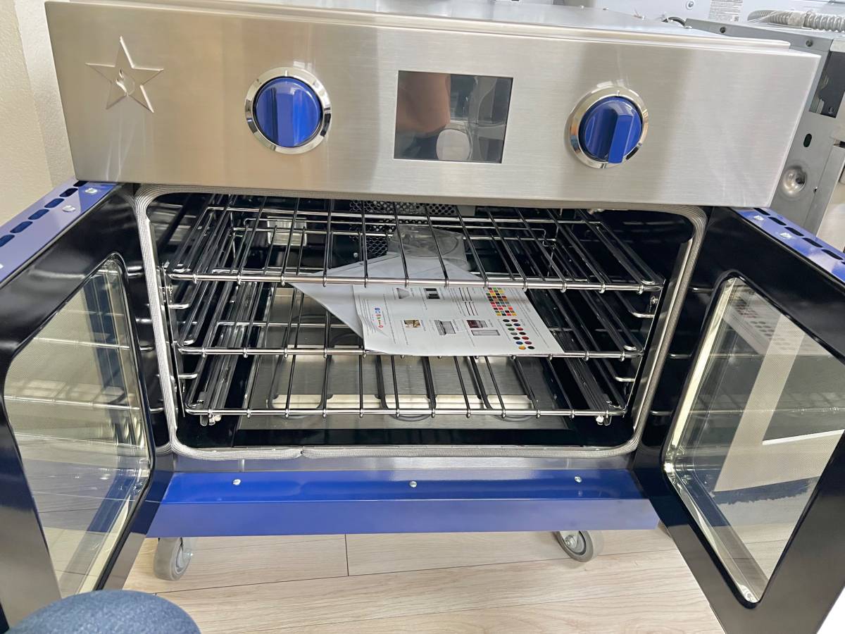 BlueStar BSEWO30ECSD 30 Inch Single French Door Wall Convection Oven * New Open Box Self-Clean, 12 Cooking Modes, Temperature Probe, Baking Stone, French Door Swing and Sabbath Mode , Blue .