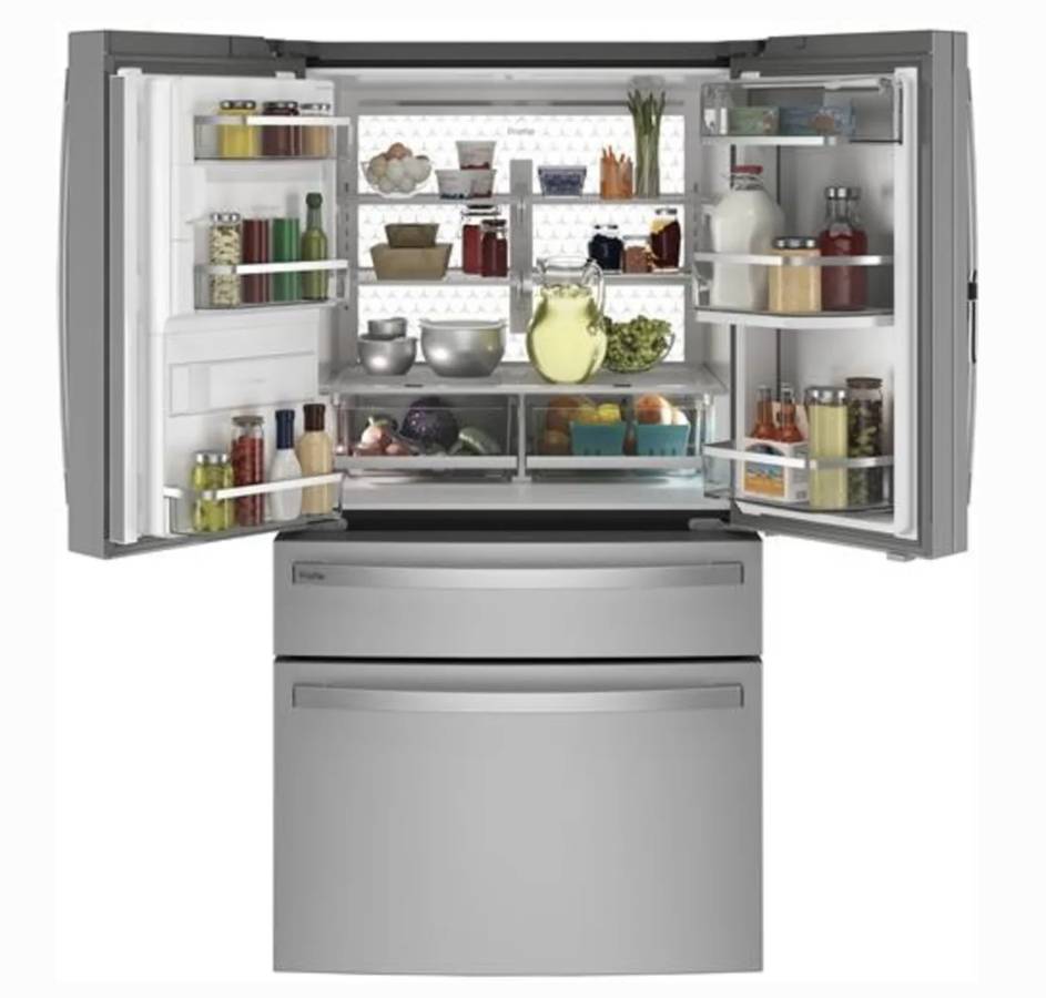 36 INCH GE PROFILE PVD28BYNGFS 4 Door French Door Smart Refrigerator , 27.9 CU Ft , Door in Door , Adjustable Temperature Drawer , LED Light Wall , Wi-Fi , Water and Ice Dispenser , Energy Star * New Open Box * , Stainless Steel .