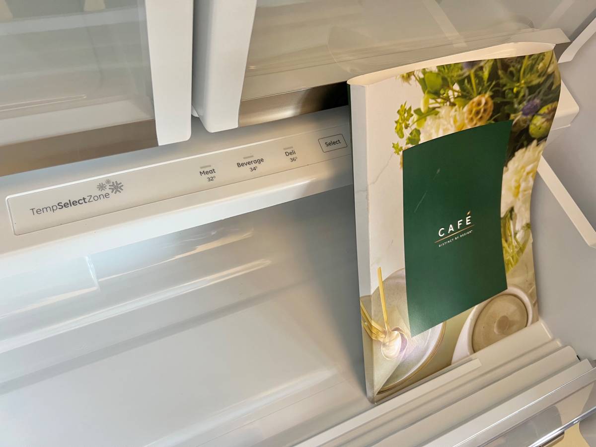 36 Inch GE Cafe CYE22TP3MJD1 Counter Depth French Door Refrigerator * New Open Box * Smart Refrigerator  22.2 Cu. Ft., Precise Fill, TwinChill Evaporators, Wi-Fi, Hot Water Dispenser, ADA  ENERGY STAR,Matte Black  Brushed Stainless Handles