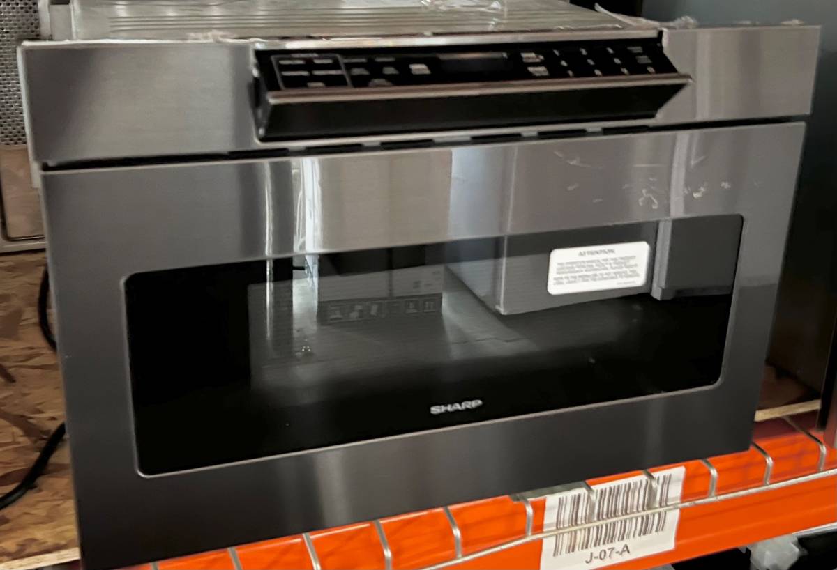 24 Inch Microwave Drawer SMD2470AH Sharp Black Stainless Steel * New Open Box Easy Touch, Hidden Control Panel,  Sensor Cook, Design Flexibility, Timer, 1,000 Watts,  1.2 cu. ft. Capacity, Reheat Keep Warm