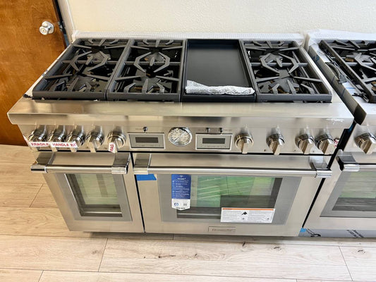 48 INCH Thermador PRG486WDG Range 6 Burner Convection Oven , ALL GAS * New Open Box Freestanding Natural Gas Range 6 Sealed Burners , Double Oven , Self-Clean, Non-Stick Griddle Stainless Steel