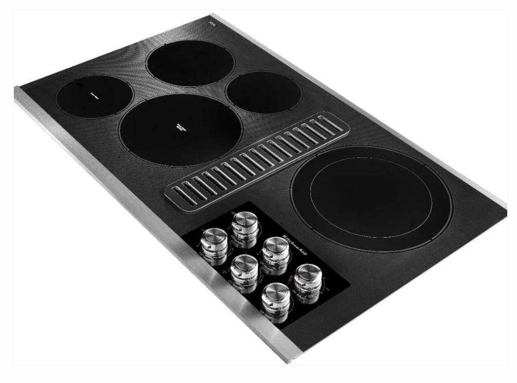 36 INCH KitchenAid KCED606GSS Electric Downdraft Cooktop NEW Open Box 5 Elements , Ceramic Glass Downdraft Ventilation , Even Heat Ultra Element , 300 CFM , 3 Speed Fan , Double Ring , Hot Surface Indicator , UL, Stainless Steel , Black .
