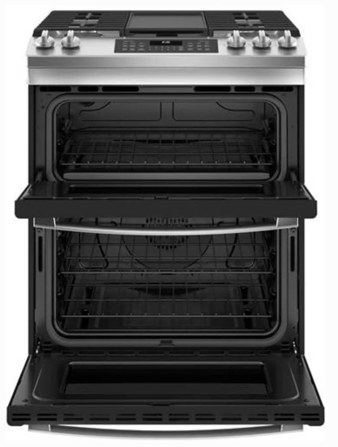 30 INCH GE JGSS86SPSS Slide In Double Oven Gas Range , 5 Sealed Burners, 6.7 Total Oven, Continuous Cast Iron Grate, Integrated Griddle, Steam Clean, ADA * New Open Box *