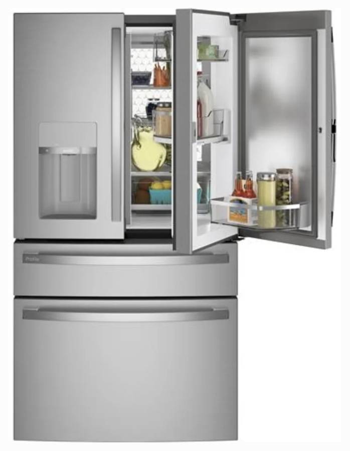 36 INCH GE PROFILE PVD28BYNGFS 4 Door French Door Smart Refrigerator , 27.9 CU Ft , Door in Door , Adjustable Temperature Drawer , LED Light Wall , Wi-Fi , Water and Ice Dispenser , Energy Star * New Open Box * , Stainless Steel .