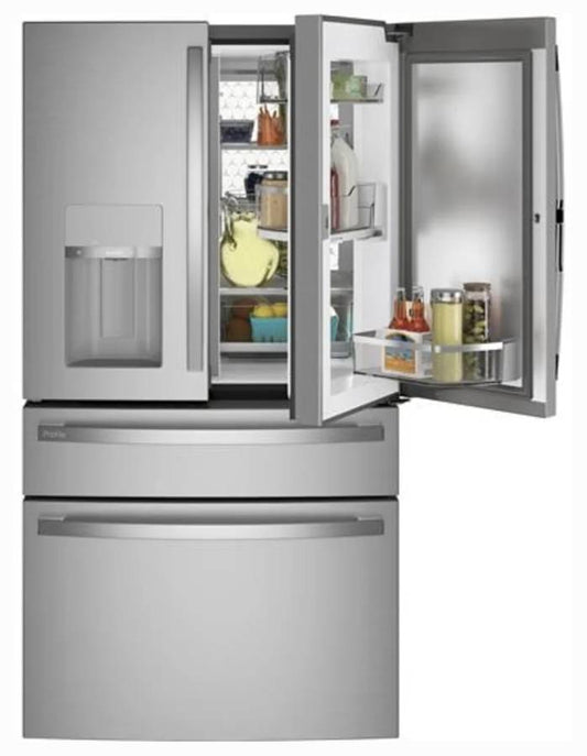 36 INCH GE PROFILE  PVD28BYNGFS 4 Door French Door Smart Refrigerator , 27.9 CU Ft , Door in Door , Adjustable Temperature Drawer , LED Light Wall , Wi-Fi , Water and Ice Dispenser , Energy Star * New Open Box *  , Stainless Steel .