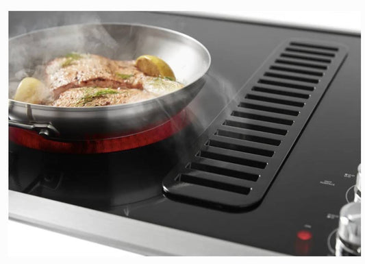 36 INCH KitchenAid KCED606GSS Electric Downdraft Cooktop NEW Open Box 5 Elements ,  Ceramic Glass Downdraft Ventilation ,  Even Heat Ultra Element , 300 CFM , 3 Speed Fan ,  Double Ring ,  Hot Surface Indicator , UL, Stainless Steel , Black .