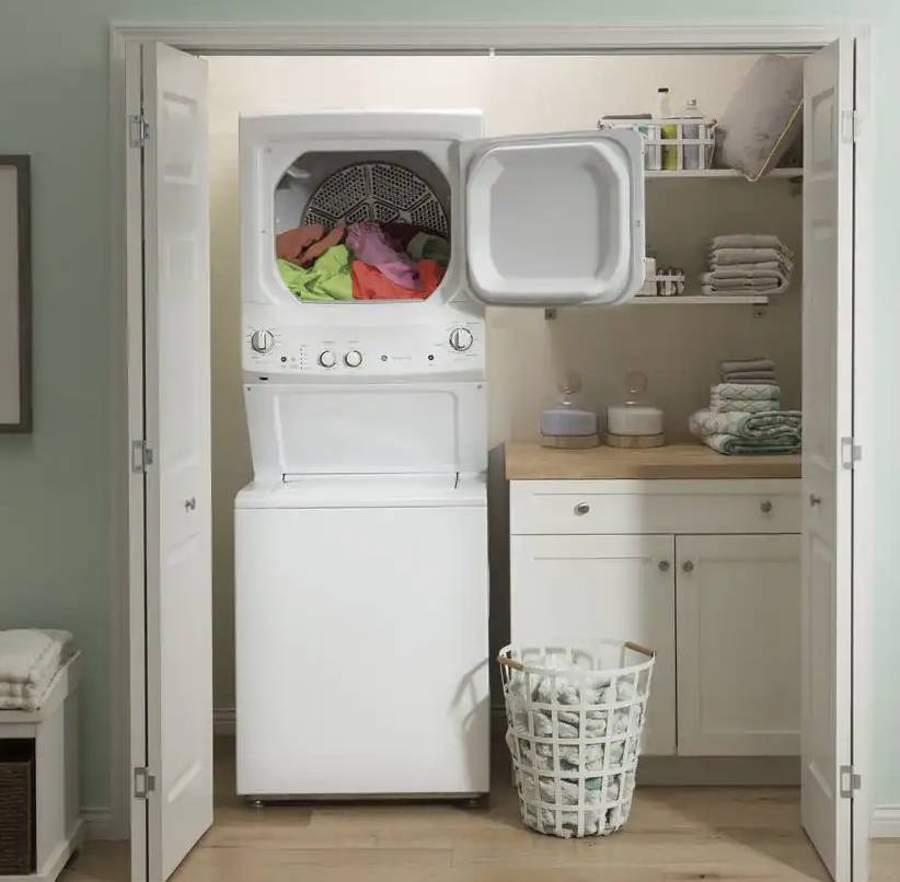 27 INCH GE Stackable GUD27ESSMWW Electric Laundry Center White * New Open Box Auto-load Sensing, Cycle Status Lights, Rotary Controls, 11 Wash Cycles, 6 Wash Rinse Temperatures , 800 RPM , White .