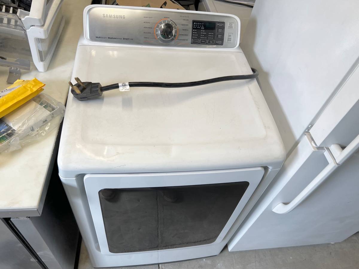 27 INCH Samsung DVE50M7450W Electric Dryer ,Multi-Steam, Wrinkle Prevent Option, Sensor Dry, 11 Dry Cycles, Smart Care, 4-Way Venting, Eco Dry, Reversible Door 7.4 cu. ft. , White