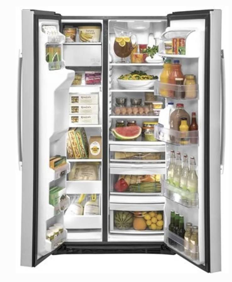 36 INCH GE GZS22IYNYHFS Counter Depth Side by Side Freestanding Refrigerator * New Open Box * 21.8 Cu. Ft. , Showcase LED Lighting, External Filtered Water Dispenser , Ice Dispenser AHAM Fingerprint Resistant Stainless Steel .