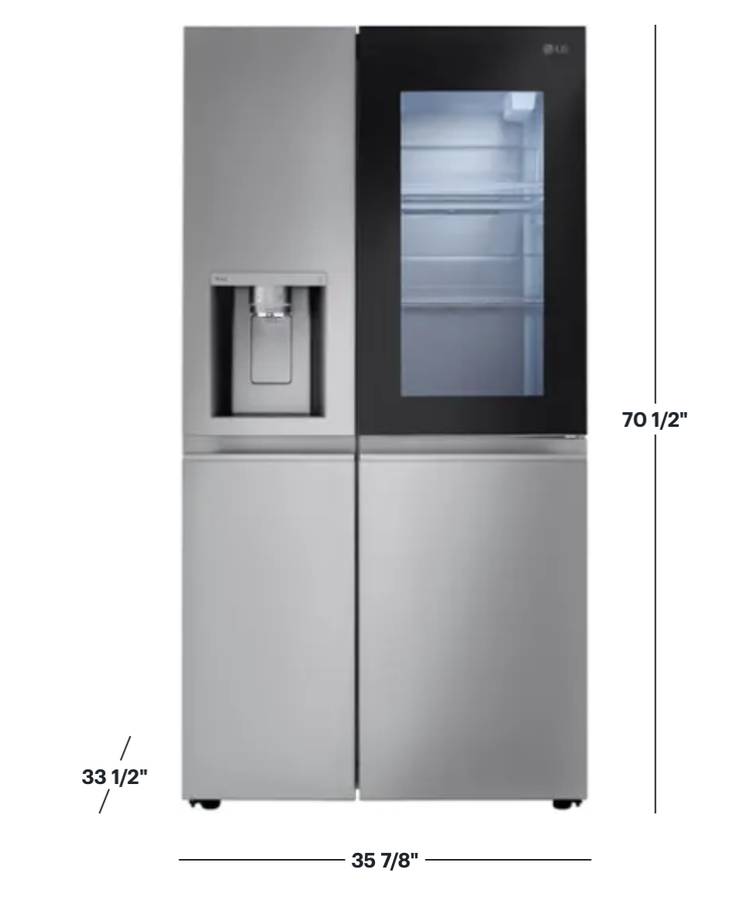 36 INCH LG LRSOS2706S Side by Side Refrigerator  Freestanding Smart  27.1 Cu. Ft.,  Edge-to-Edge Insta View, Dual Ice Maker, UV nano Dispenser,  Cool Guard Panel, ADA Compliant, ENERGY STAR  Print Proof Stainless Steel  * New Open Box *