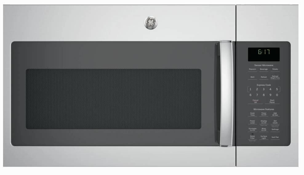 30 INCH GE JVM6175SKSS 1.7 cu. Over-the-Range Microwave 1,000 Watts, 300 CFM Ventilation, 10 Power Levels, Sensor Cooking, Melt Feature, Add 30 Seconds Button, Weight and Time Defrost, Charcoal Filter, Stainless Steel * New Open Box *