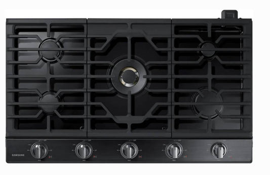 36 INCH SAMSUNG NA36N7755TG Gas Cooktop 5 Sealed Burners Continuous Grates , 22K Btu Dual Ring Burner , Wok Grate , LED Lit Knobs , LP Conversion Kit , ADA * New Open Box * , Fingerprint Resistant Black Stainless Steel .