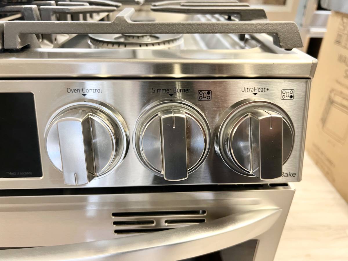30 INCH LG LTGL6937F Slide-In Gas Range 5 Burners, Double Oven. * New Open Box ProBake Convection, Air Fry, EasyClean, SmoothTouch Glass Controls, WideView Window, Wi-Fi Connectivity, ThinQ Technology , UltraHeat Burner Print Proof Stainless Steel .