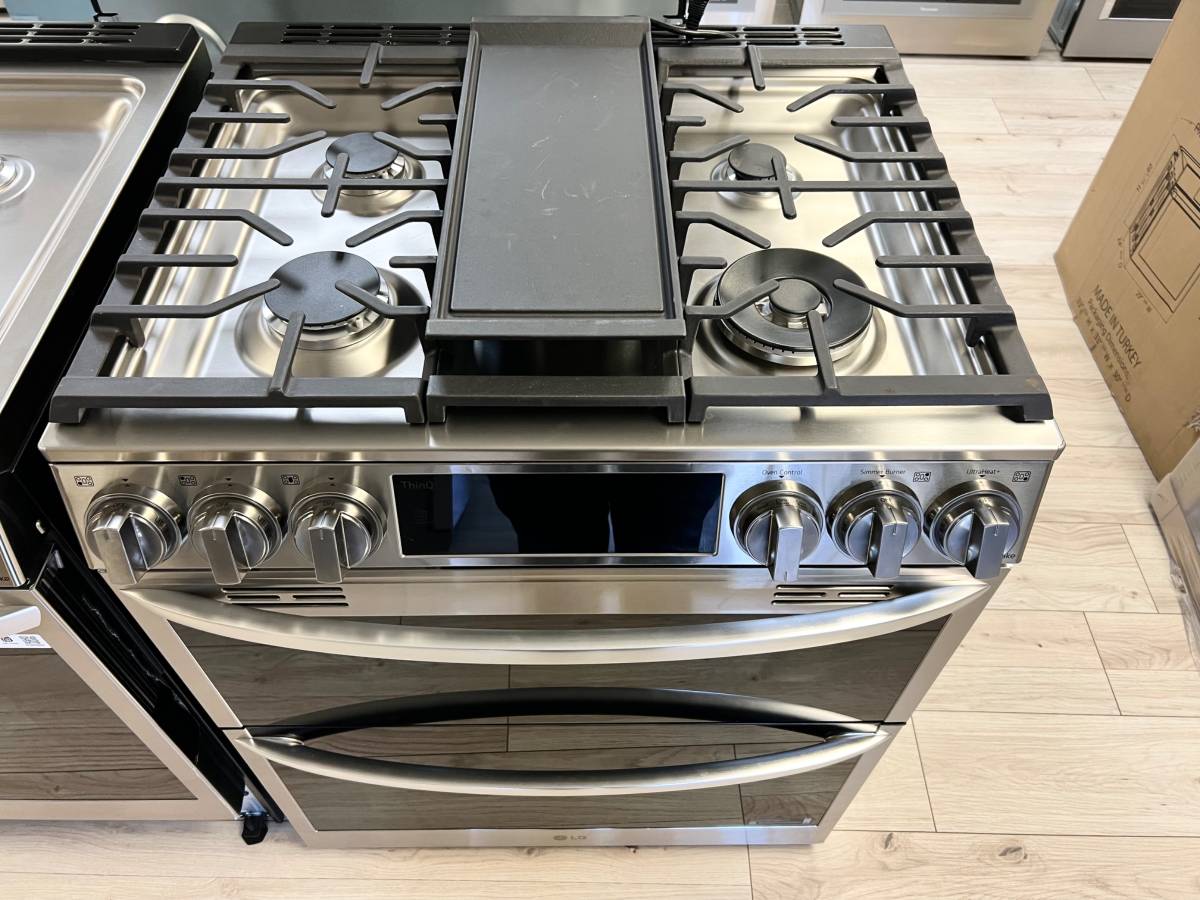 30 INCH LG LTGL6937F Slide-In Gas Range 5 Burners, Double Oven. * New Open Box ProBake Convection, Air Fry, EasyClean, SmoothTouch Glass Controls, WideView Window, Wi-Fi Connectivity, ThinQ Technology , UltraHeat Burner Print Proof Stainless Steel .
