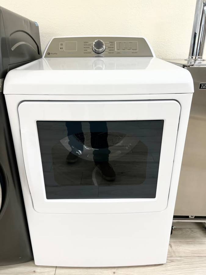 27 INCH GE Profile PTD60EBSRWS Electric Dryer 7.4 Cu. Ft. Sanitize Built-In WiFi Powered by SmartHQ, Washer Link, Sanitize Cycle, My Cycle, Quick Dry, Sensor Dry, Eco Dry, * New Open Box * Energy Star, White .