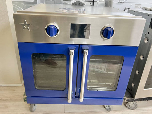 BlueStar BSEWO30ECSD 30 Inch Single French Door Wall Convection Oven * New Open Box Self-Clean, 12 Cooking Modes, Temperature Probe, Baking Stone, French Door Swing and Sabbath Mode , Blue .